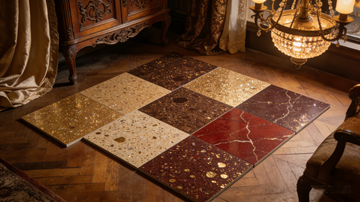 Luxury high-end retro terrazzo tiles in gold, red, brown and beige tones, premium terrazzo flooring tiles for vintage luxury interior design