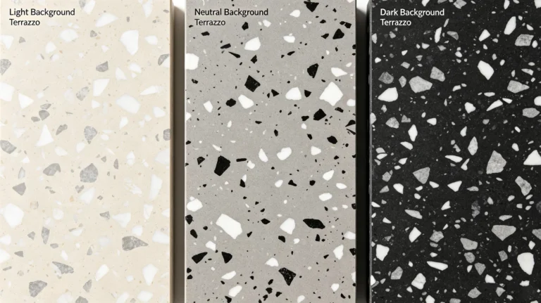 Three terrazzo sample boards: light beige base, medium grey base, dark black base, mixed irregular stone aggregates, material close‑up