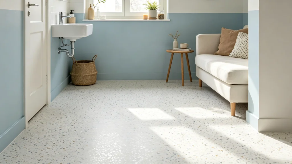 Light terrazzo floor, scandinavian multi‑purpose room, half‑wall blue paint, wall‑hung sink, fabric sofa, natural sunlight home interior