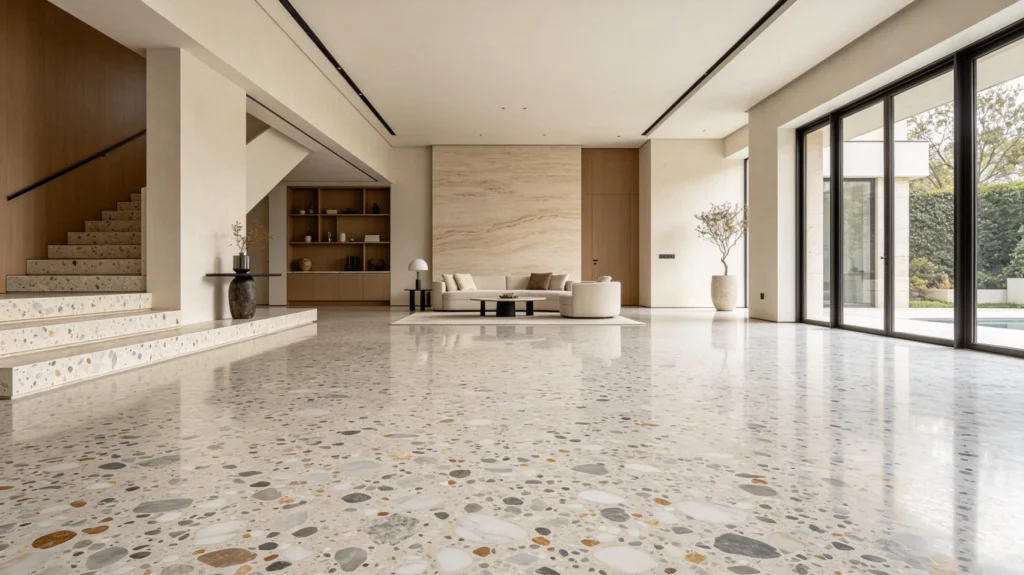Large‑chip polished inorganic terrazzo floor, luxury villa living room, wooden cabinetry, floor‑to‑ceiling glass windows, minimalist high‑end residence