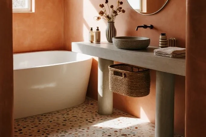 Bagno stile boho con pavimento di piastrelle in terrazzo, rivestimento per ambiente bagno
