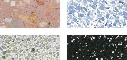 Four color options of inorganic terrazzo sample swatches, pink, blue, sage green, black aggregate terrazzo slab
