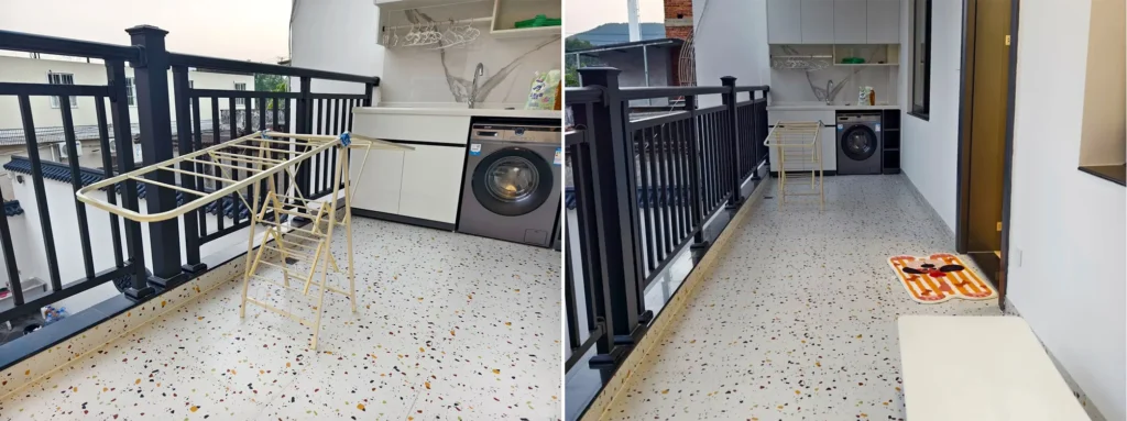 Pavimento terrazzo inorganico bianco con aggregati colorati per terrazzo e balcone domestico