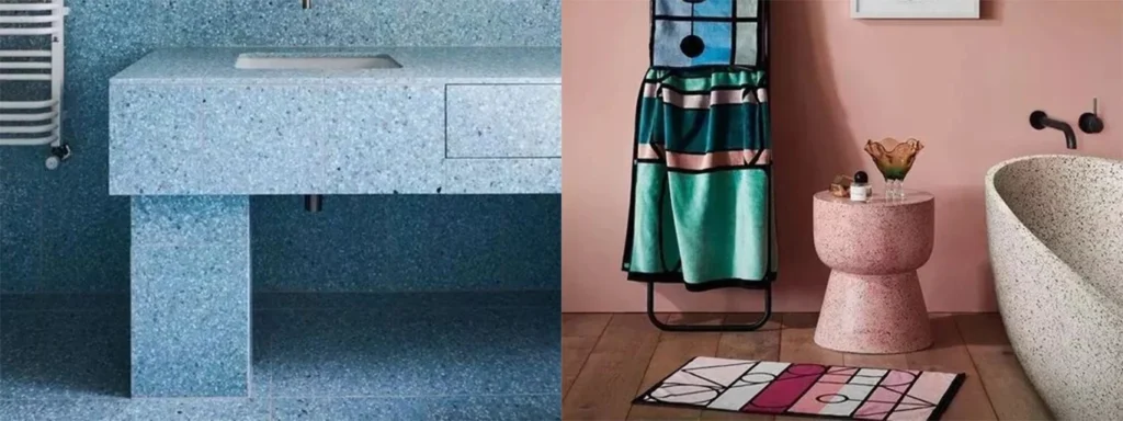 Colorful inorganic terrazzo bathroom project, blue terrazzo vanity countertop, pink terrazzo side table and freestanding bathtub, modern interior decor