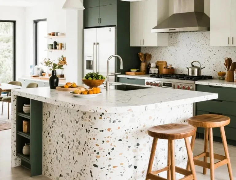 Isola cucina moderna con piastrelle in terrazzo bianco ad aggregati multicolori, progetto d'interni per abitazione privata