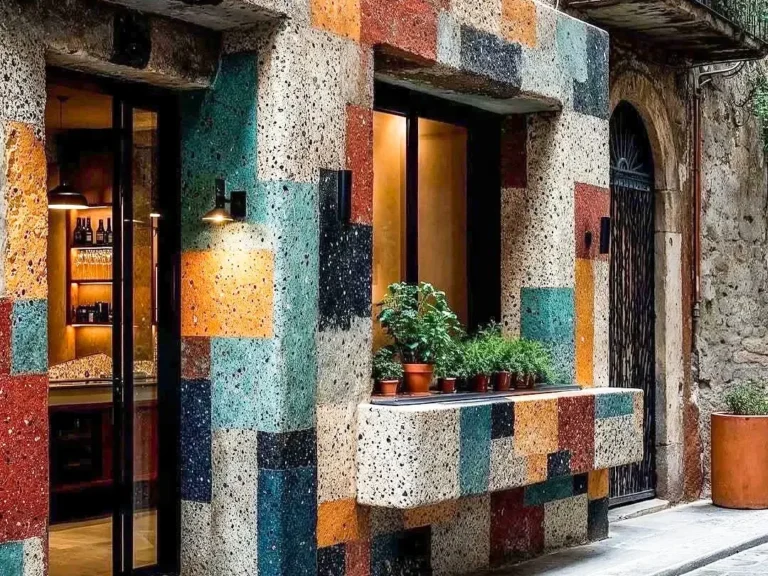 Piastrelle terrazzo personalizzate multicolori per facciata edificio, design architettonico unico