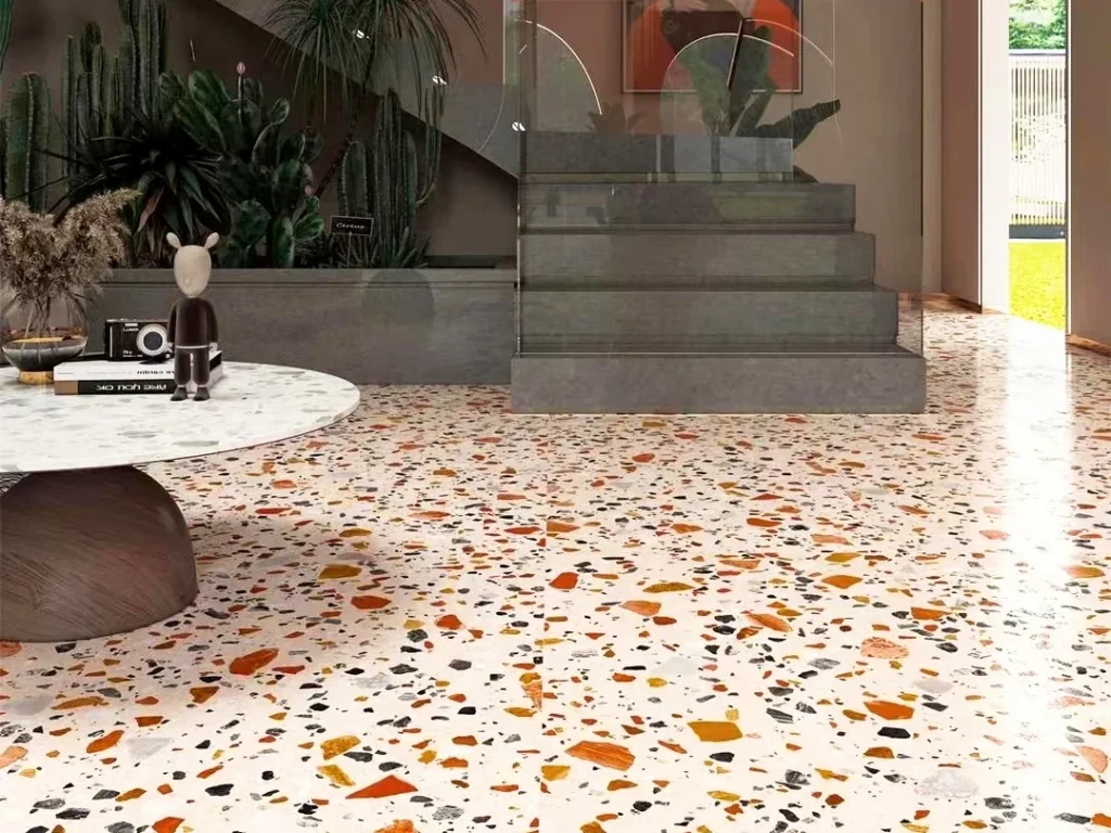 piastrelle terrazzo colori misti, pavimento terrazzo inorganico multicolore per soggiorno interno, finitura pavimento residenziale con aggregati pietra naturale