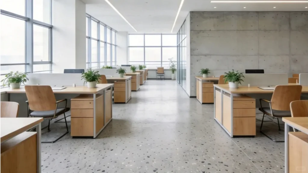 Pavimento terrazzo lucido ufficio open space moderno, polished terrazzo floor for contemporary open office interior