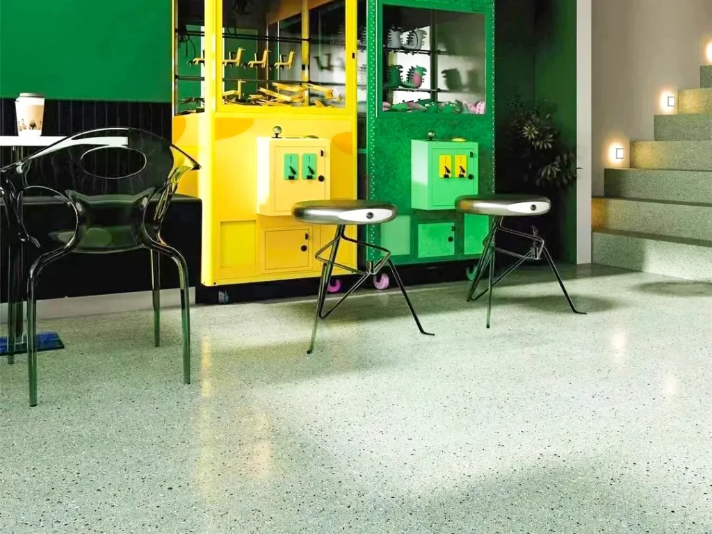 piastrelle terrazzo colori misti, pavimento terrazzo verde chiaro per locale commerciale, terrazzo inorganico lucido per negozio e caffè