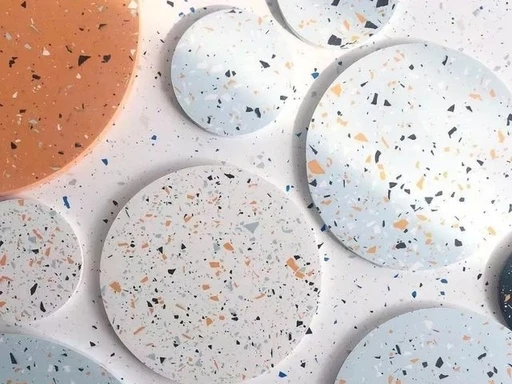 Round shape inorganic terrazzo color samples, multi‑speckle aggregate terrazzo display for custom project