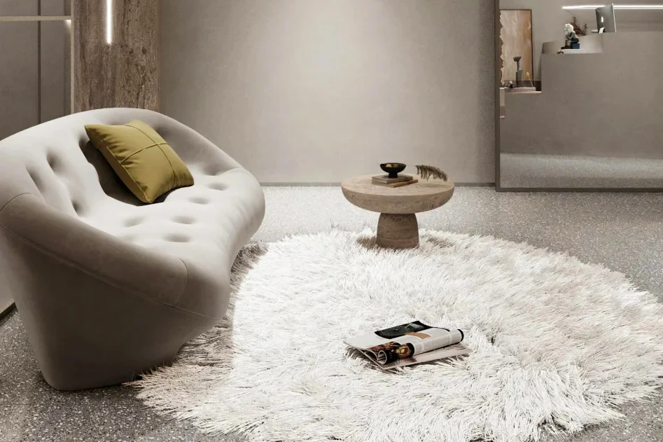 Sala attesa ufficio design con pavimento piastrelle in terrazzo grigio, finitura per spazi pubblici