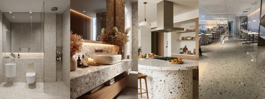 Diverse applicazioni terrazzo inorganico: bagno, lavabo, cucina e spazi commerciali, pavimenti e piani di lavoro in terrazzo