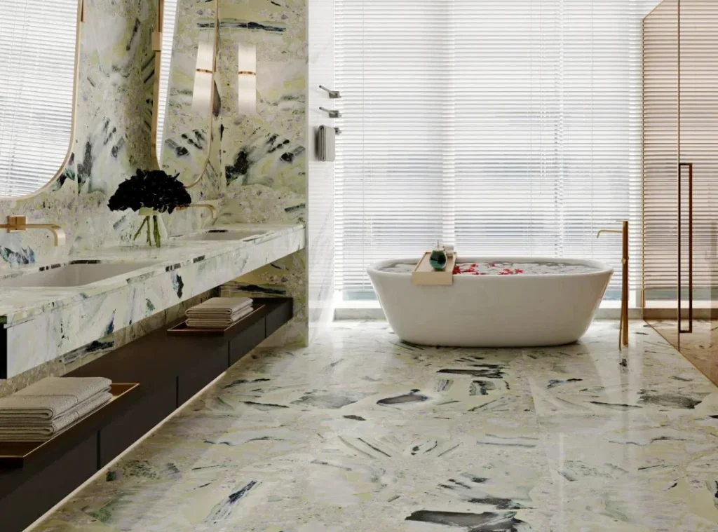 Terrazzo cementizio personalizzato per bagno di lusso, pavimento e top lavabo con aggregati grandi