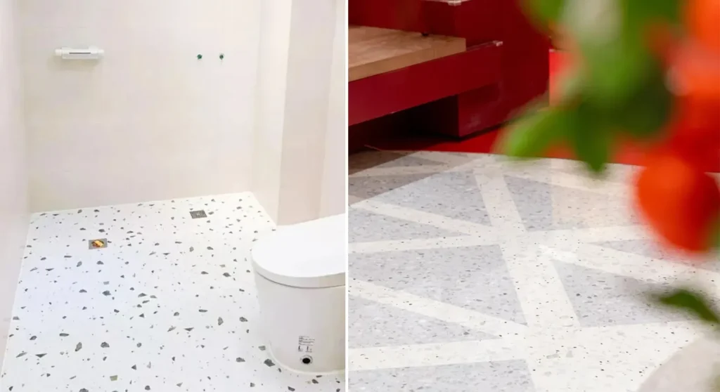Terrazzo inorganico per bagno, pavimento terrazzo con disegno geometrico su misura, finitura per interni residenziali
