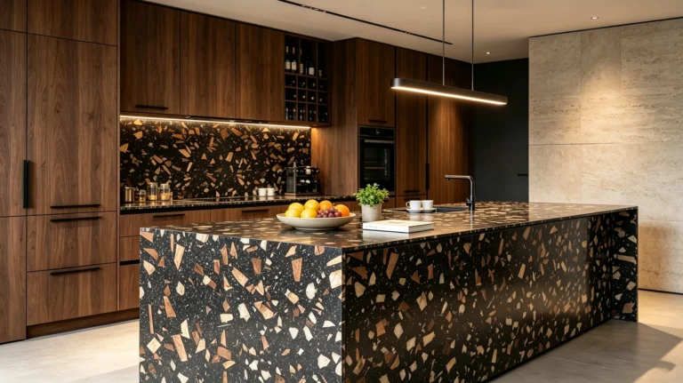 Terrazzo inorganico con aggregati di legno nero carbonio utilizzato per isola cucina e rivestimento parete, design interno moderno