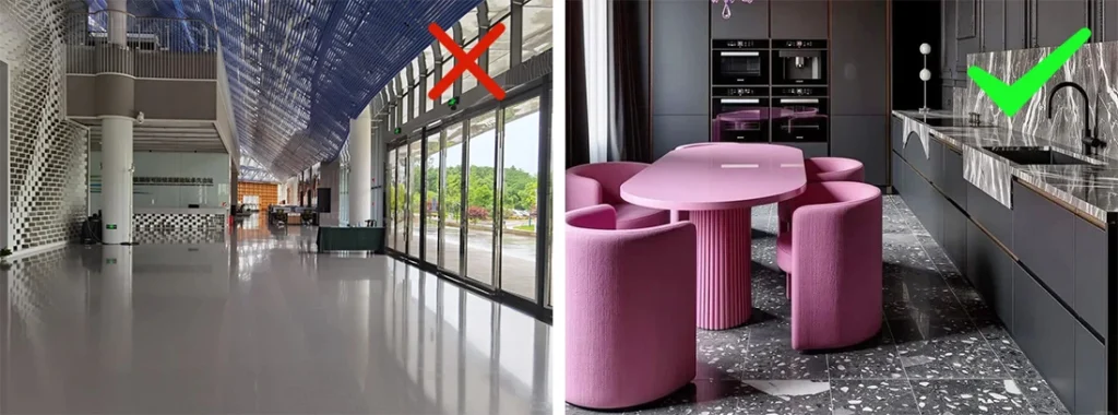 Confronto sala pranzo‑cucina, pavimento terrazzo scuro lucido, interno di lusso contemporaneo