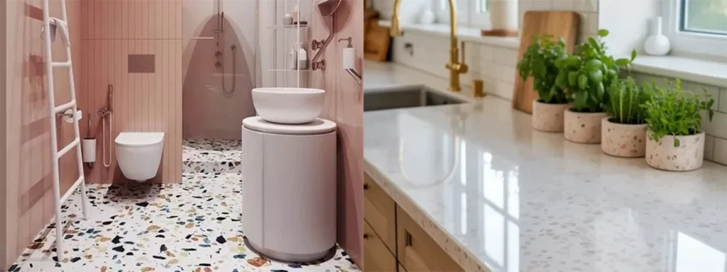 Multi‑color chip terrazzo bathroom flooring, light‑color inorganic terrazzo kitchen countertop, home interior renovation
