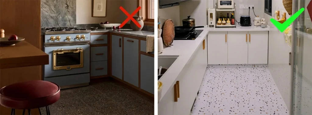 Confronto cucina, soluzione sbagliata vs corretta, pavimento terrazzo per cucina domestica moderna