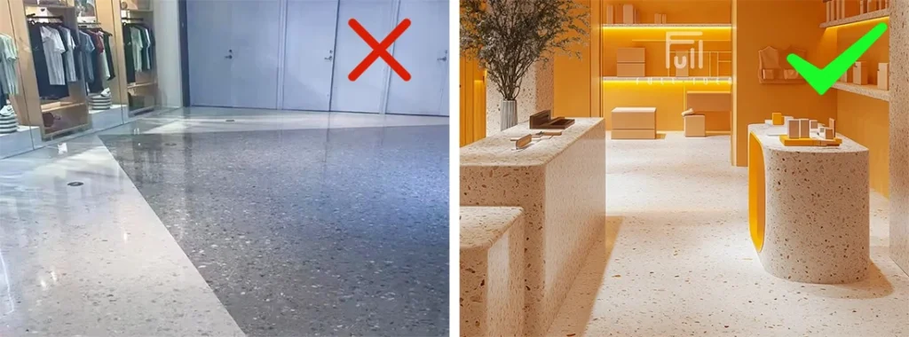 Confronto negozio commerciale, bancone e pavimento terrazzo inorganico, spazio retail moderno