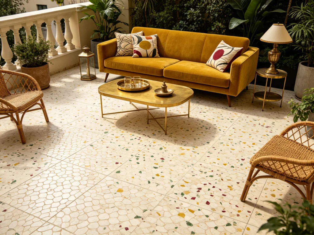 Dettaglio texture terrazzo base rosa con aggregati pietra colorati, campione materiale