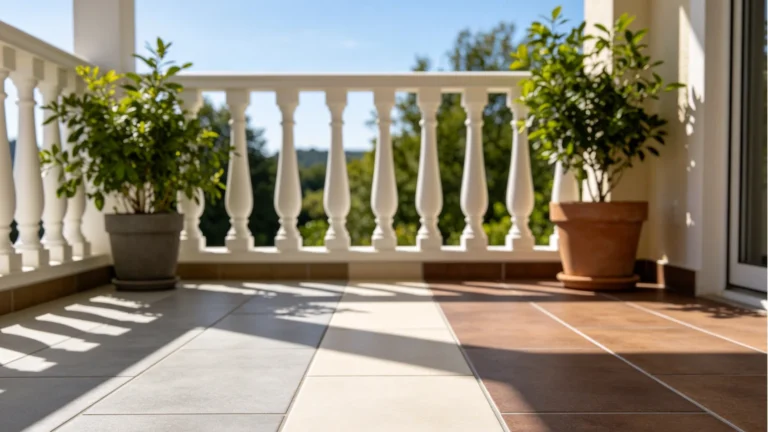 Balcone piccolo con piastrelle terrazzo dai colori chiari per ampliare otticamente lo spazio