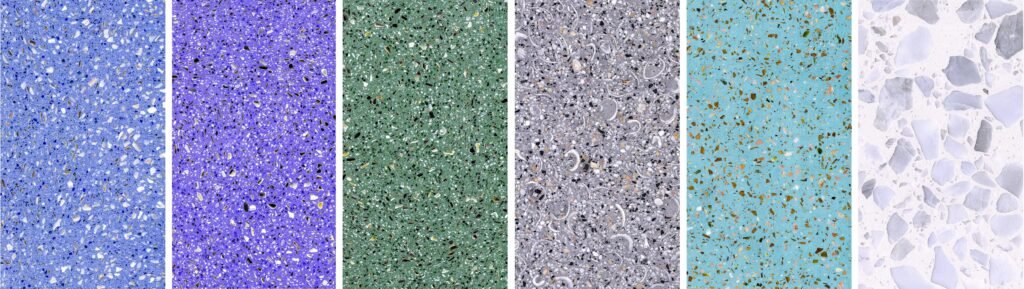 Colori del terrazzo, campioni pavimenti in terrazzo multicolore, finitura cementizia, gamma colori terrazzo