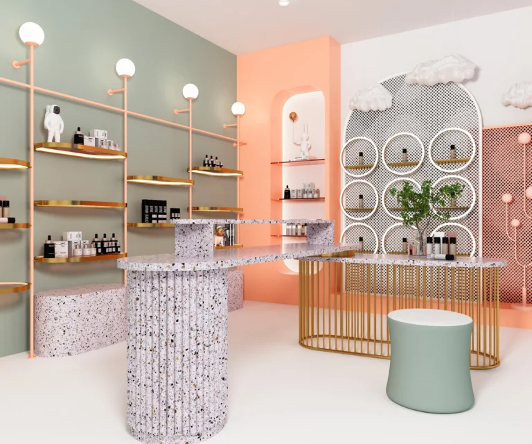 Interno negozio di cosmetici moderno con arredi in piastrelle terrazzo tinta unita, mensole dorate, colori pastello verde salvia e pesca, design retail beauty shop