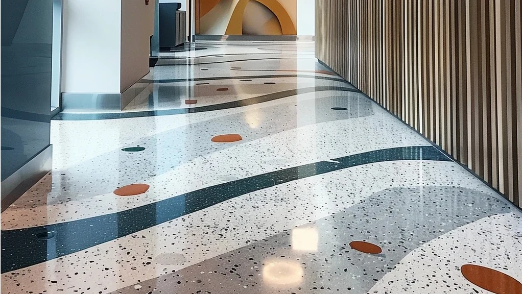 Palette cromatica terrazzo con disegno curvo personalizzato, superfici decorative per spazi pubblici