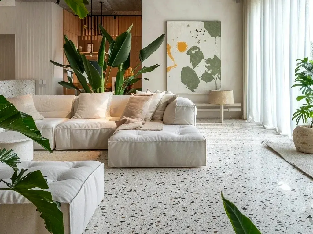 Colori per piastrelle in terrazzo per piccole superfici: pavimento in terrazzo grigio con scaglie bianche e nere in un soggiorno moderno con divano beige.