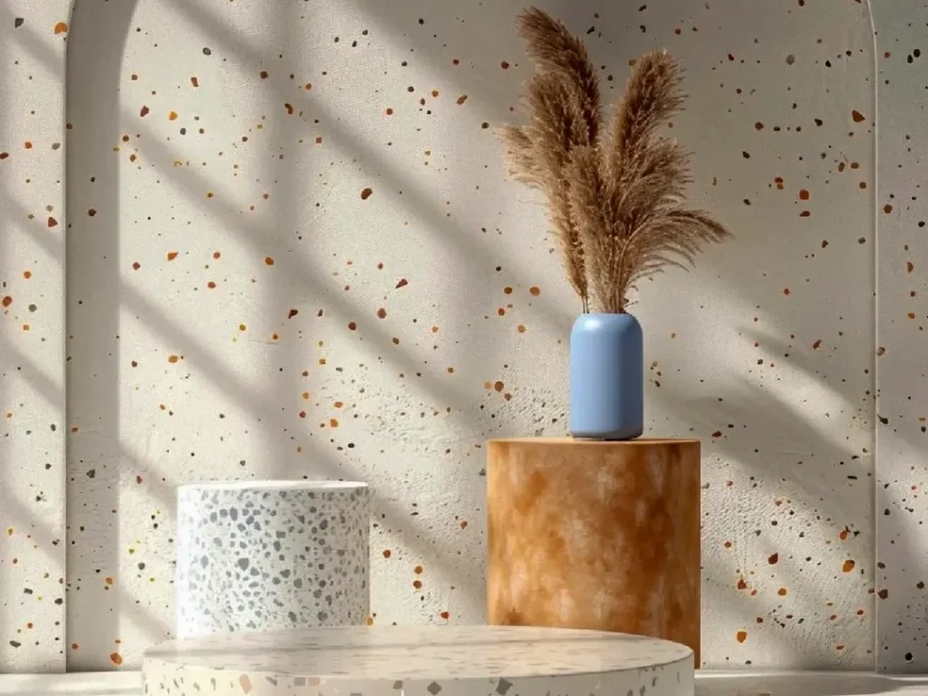 Colori piastrelle terrazzo per piccole superfici: parete in terrazzo rosso-marrone con macchie nere, colonne espositive e vaso blu in uno showroom minimalista.