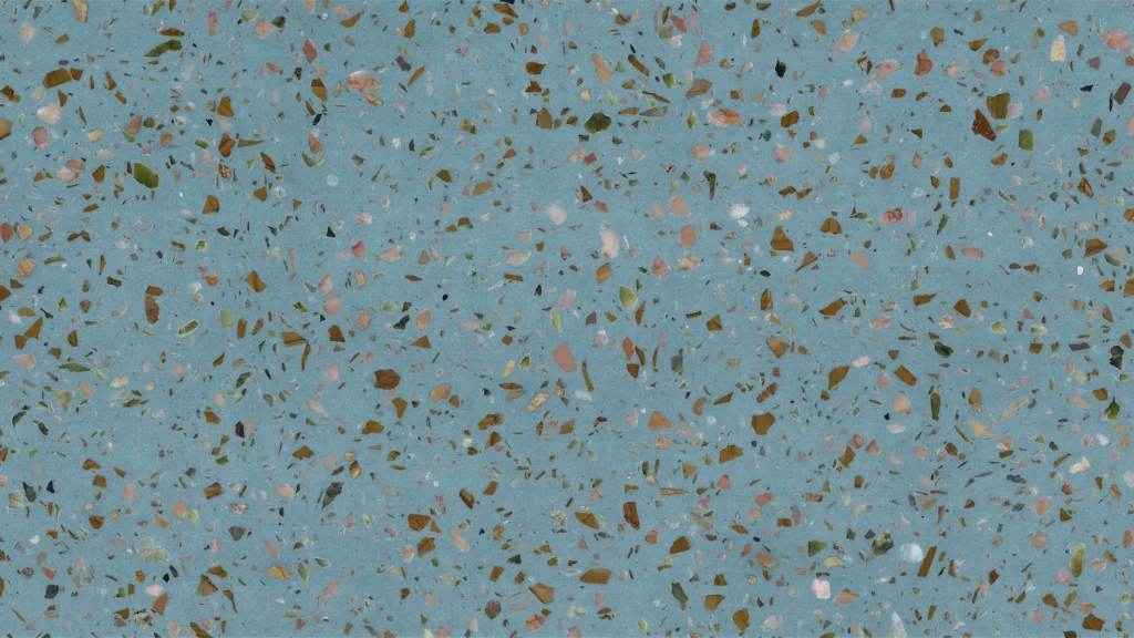 Piastrelle terrazzo inorganico azzurro chiaro con aggregati pietra multicolori, finitura decorativa per interni
