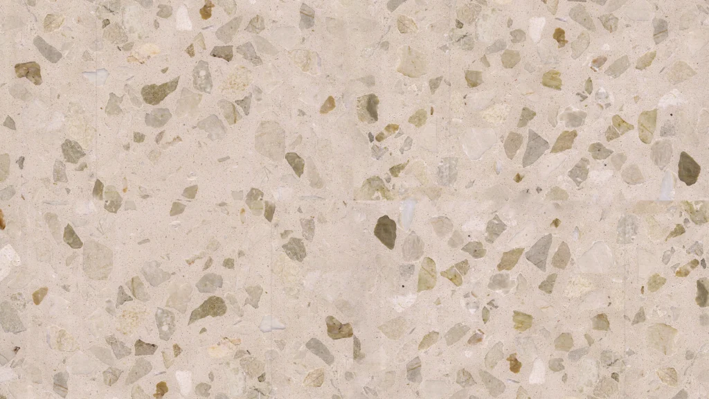 Piastrelle terrazzo inorganico beige crema con aggregati di pietra naturale, finitura calda per pavimenti interni