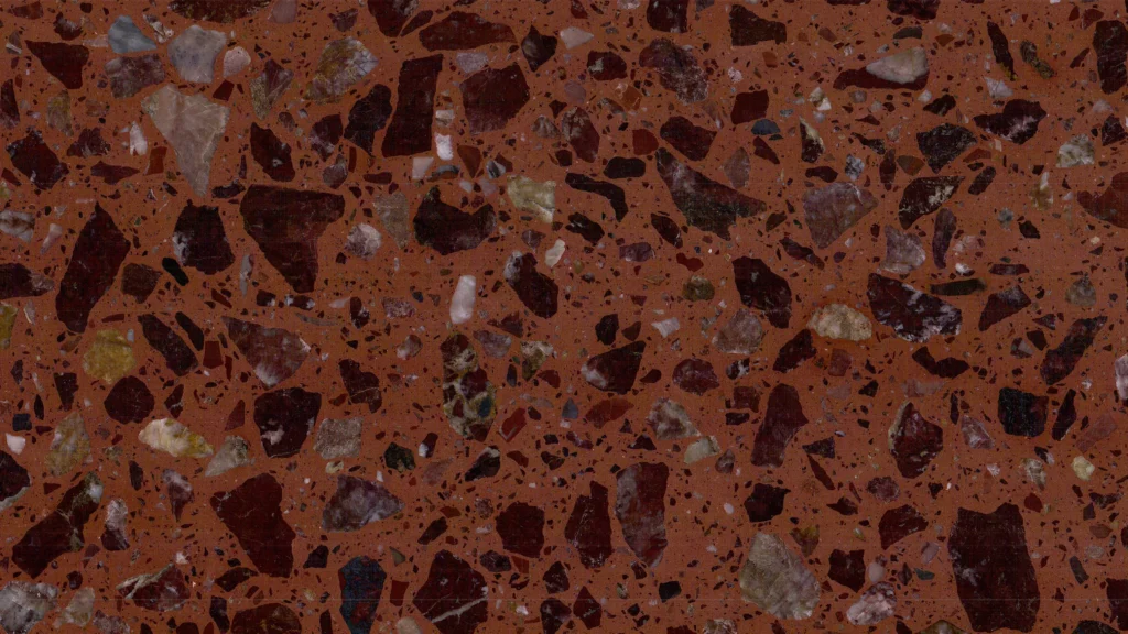 Piastrelle terrazzo inorganico rosso-marrone con aggregati di pietra di grandi dimensioni, finitura decorativa unica