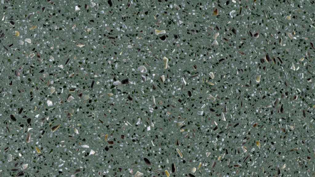 Piastrelle terrazzo inorganico verde con aggregati di pietra e conchiglie, finitura decorativa personalizzata