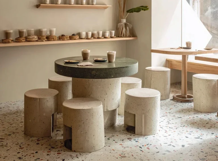 Pavimento in terrazzo inorganico per caffè, finitura cementizia antiscivolo, classe A1, senza resina epossidica