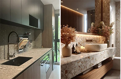 Piano di lavoro in terrazzo inorganico per cucina e top lavabo bagno, applicazioni interne moderne con aggregati di pietra naturale