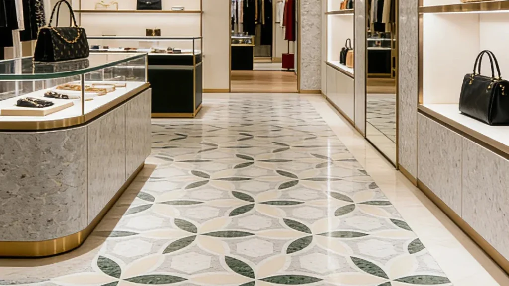Pavimento terrazzo mosaico di lusso per boutique, disegno floreale personalizzato, finitura lucida