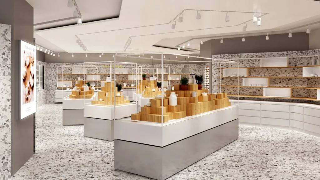 Rivestimento pavimentale terrazzo per negozio retail, aggregato misto, stile contemporaneo