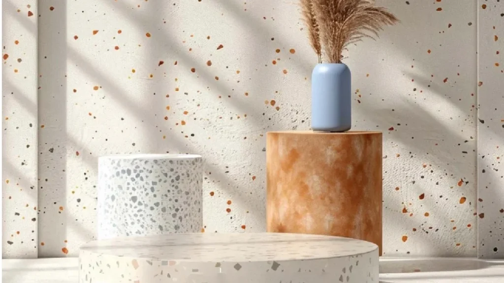 Come scegliere le piastrelle in terrazzo: anteprima della texture calda su fondo avorio con aggregati ocra e ruggine, esposizione di tre cubi/pedestal in terrazzo con vaso azzurro e pampas, luce solare obliqua per valutare colore e riflessi del materiale.