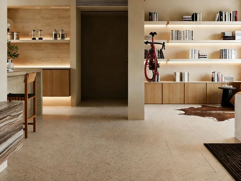 Come scegliere le piastrelle in terrazzo: esempio di posa a pavimento in tono neutro sabbia a granulometria fine in un soggiorno minimale con mobili in rovere, nicchie illuminate e bicicletta rossa a parete, per un effetto discreto e versatile.