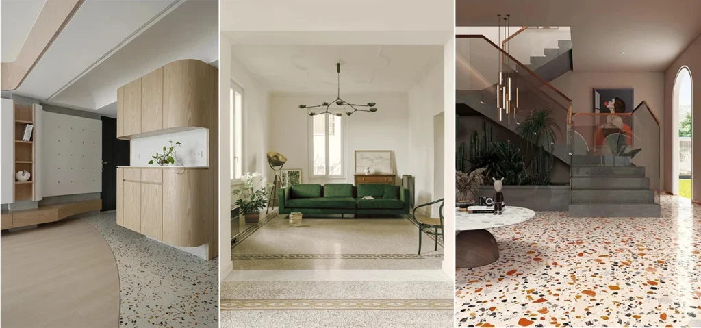 Come scegliere le piastrelle in terrazzo: collage di tre applicazioni residenziali — pavimento a grana fine in ingresso, terrazzo chiaro con lista decorativa in soggiorno retrò, variante colorata con aggregati arancio, neri e bianchi in scala, per confrontare stili e destinazioni d'uso.