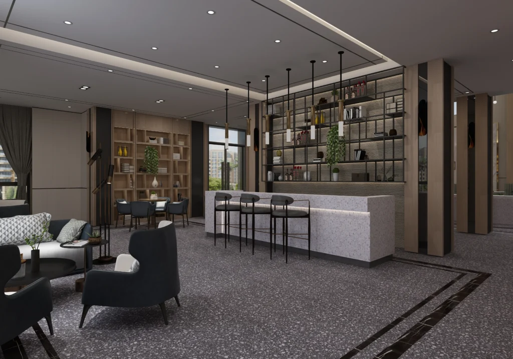 Pavimenti in terrazzo minimalista per locali commerciali, design lobby moderno, finitura grigia, arredamento contract