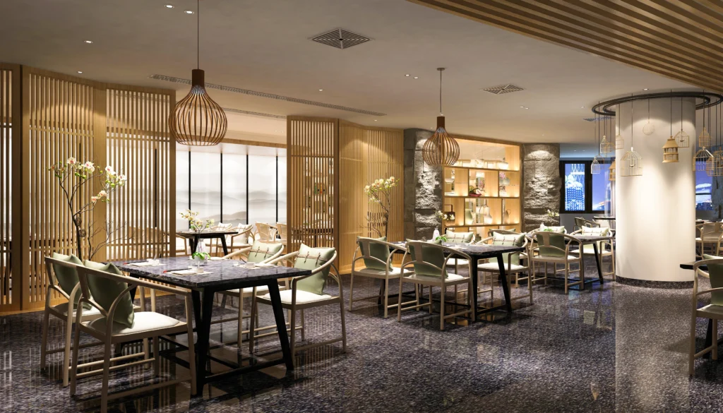 Pavimento in terrazzo scuro per ristorante locale commerciale, stile cinese moderno, finitura lucida
